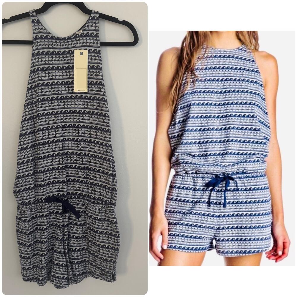 Roxy Wave Romper in Blue/White. Adjustable Tie Waist